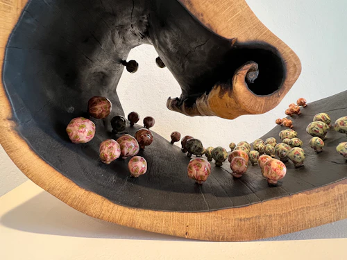 "Wave IV," detail, oak, charred wood, fabric, polyurethane