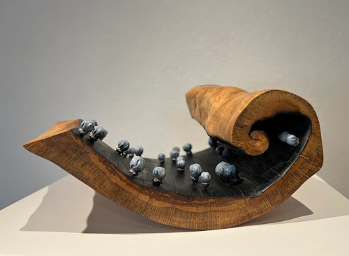 "Dancers in Denim,"oak, charred wood, fabric, polyurethane