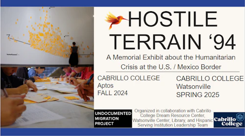 Images of wall map of tags with close up image of hands writing tags. Text reads: Hostile Terrain '94