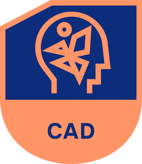 Crest with "CAD" and dancing figure inside a human head