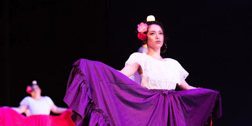 Bailarina con vestido morado en primer plano y una segunda detrás de ella y a la izquierda.