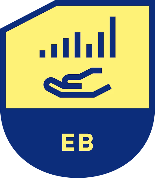 Crest with "EB" and human hand underneath a bar chart