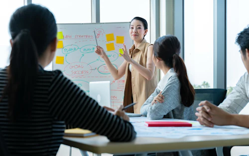 Instructora señalando un diagrama de flujo de estrategia en una pizarra blanca mientras tres estudiantes observan.