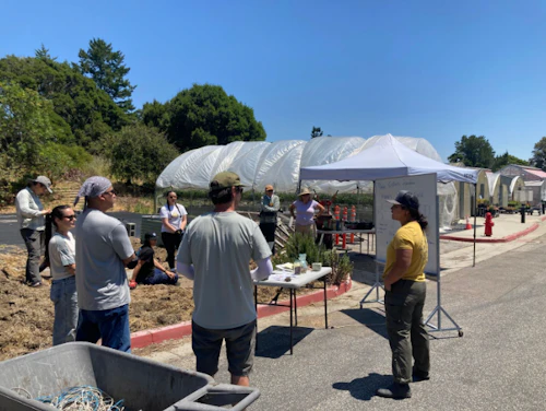 students near the greenhouses