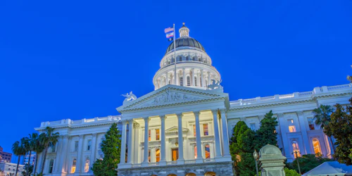 The California State Capital building lit up at night