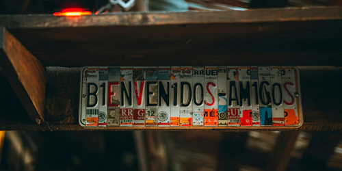 Pieces of license plates spell out "Bienvenidos Amigos"