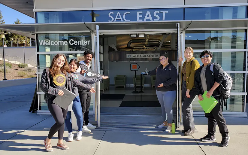 Students and staff outside the Cabrillo Welcome Center
