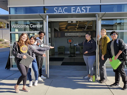 Students and staff outside the Cabrillo Welcome Center