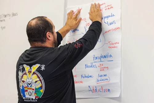 estudiante poniendo un póster en un tablero blanco