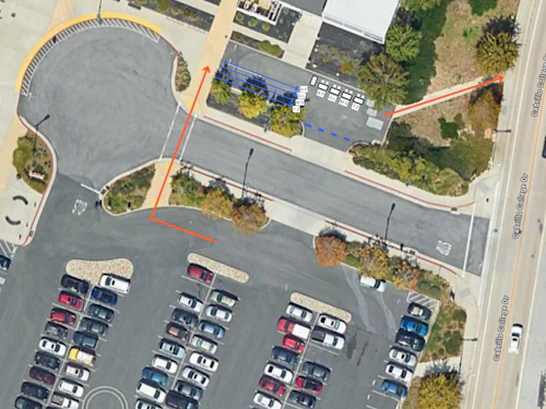 map of New Student Orientation student check-in at the back of the Music Building