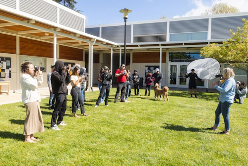 Film students on a lawn hearing instructions from their teacher