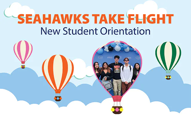 illustration of hot air balloons and a photo of Cabrillo students