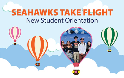 illustration of hot air balloons and a photo of Cabrillo students