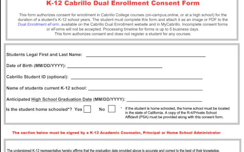 Photo of Cabrillo Dual Enrollment consent form for K-12 grade students.