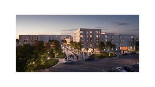 Representación artística de la vista frontal de la vivienda estudiantil de Cabrillo y UCSC.