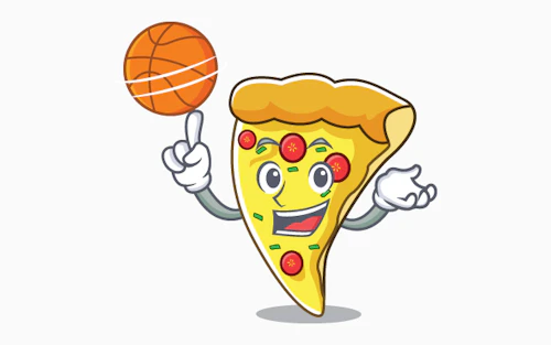 illustration of a slice of pizza cartoon character spinning a basketball
