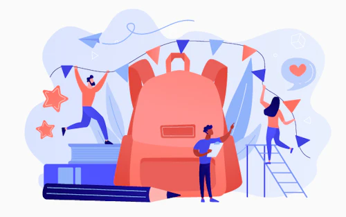 illustration of people preparing a welcome event with a backpack, books, and decorations