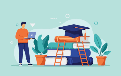 illustration of a student with a computer, books, and a ladder to reach graduation