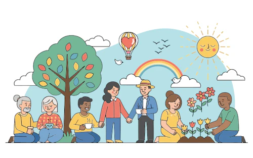 illustration of a small group enjoying happy outdoor activites