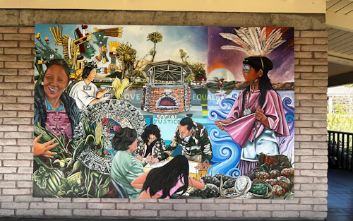 Created by artist Carlos Rodriguez with the support of Puente MaS students, this mural was funded by the HSI Leadership Team at Cabrillo College. The contents do not necessarily reflect official views nor endorsement by Cabrillo College or any of its affiliates.