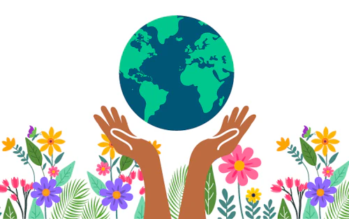 illustration of the earth being held by two hands, with flowers in the background