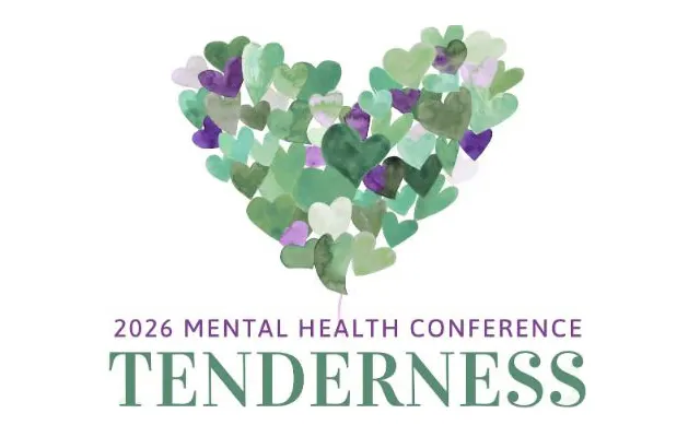 green and purple heart illustration and text "2026 Mental Health Conference: Tenderness"
