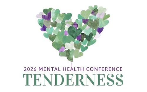 green and purple heart illustration and text "2026 Mental Health Conference: Tenderness"