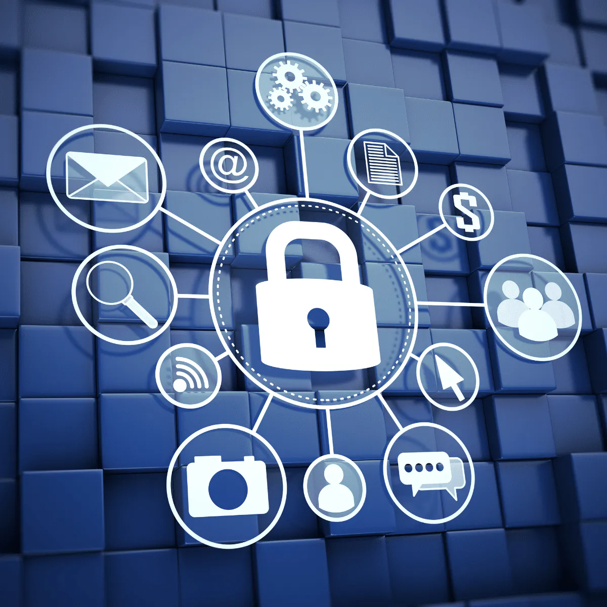 cybersecurity lock with icons of common apps