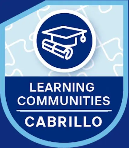 Learning Communities logo block lettering in a blue shield 