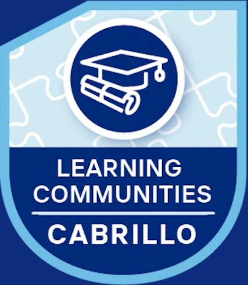 Learning Communities logo block lettering in a blue shield